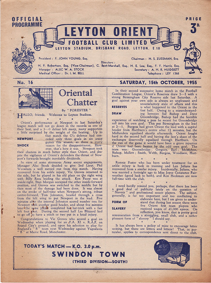 <b>Saturday, October 15, 1955</b><br />vs. Leyton Orient (Away)
